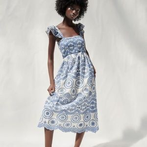 Blue and White Smocked Midi Dress